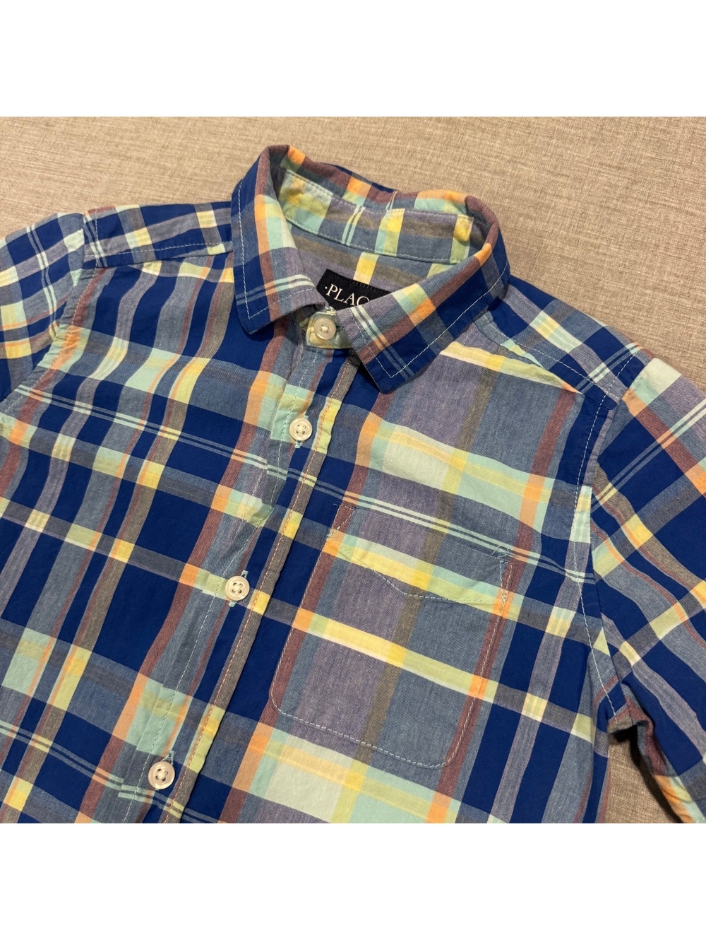 Boys PLACE Plaid Short Sleeve Button Down Shirt Size 7/8 Navy Yellow